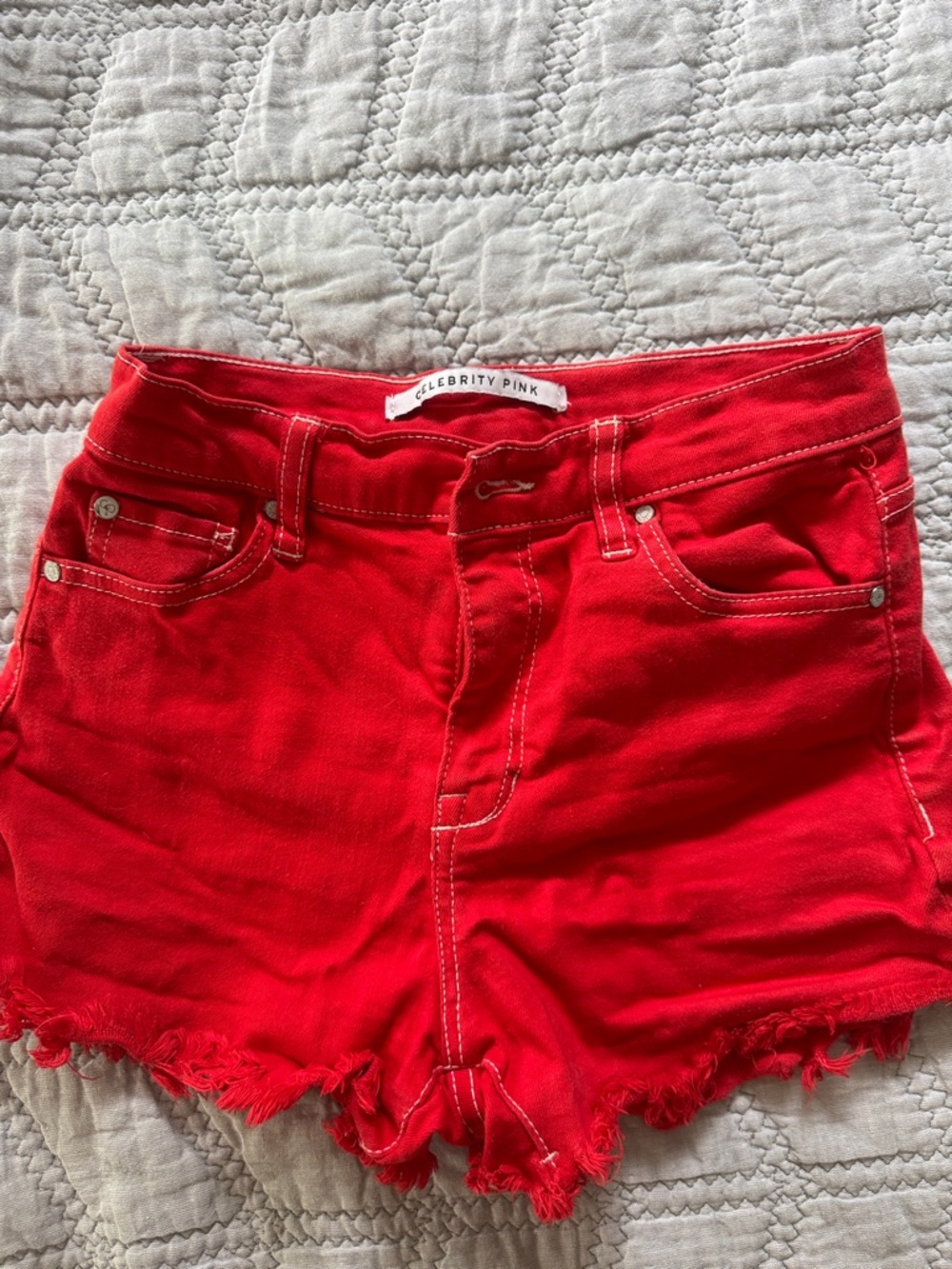 Celebrity Pink Bright Red Frayed Denim Shorts